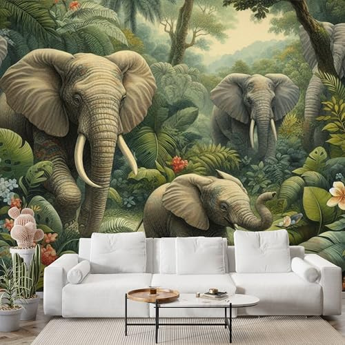 Boceoey Papier Peint Panoramique Éléphant Jungle 3D - Motif Faune Éléphant - Décoration Murale pour Salon & Chambre, Intissé Autocollant Papier Mural, 300x210 cm N-94