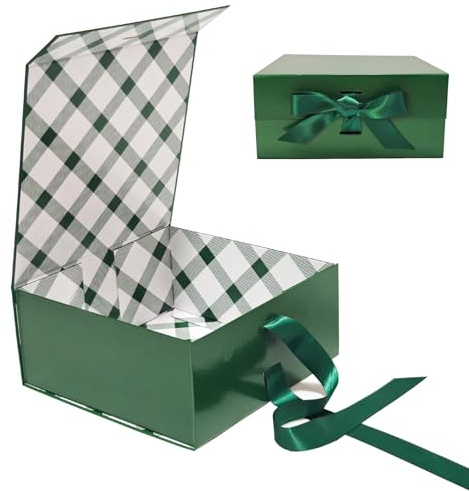 Tekhoho Grün Geschenkbox 22x22x10cm, Premium Geschenkbox mit Magnetdeckel und Schleife für Feiertage Hochzeit Geburtstag Geschenkverpackung, Kariertes Futter