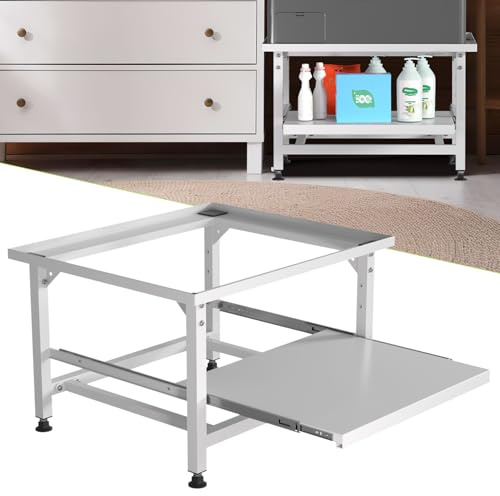 Herrselsam Waschmaschinen Untergestell mit Ausziehbarem Regal, 42cm Höhe, Höhenverstellbare Füße & Geräuschdämpfung, Waschmaschinen Sockel mit 3 stufiger Auszugsschublade, 150kg Belastbarkeit, Weiß