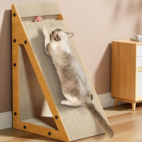UUE Kratzbrett Katze, 57 cm Hohe Dreieck Kratzpappe für Katzen, Wellpappe Katzenkratzbrett mit Klingelball, Katzenspielzeug Dreieck, 100% Formaldehydfrei, Groß, für Sofaschutz, Wände, Glas