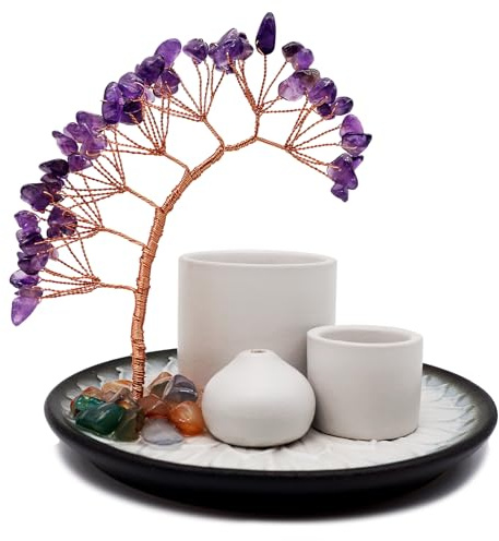 5 in 1 Incense Burner Holder with Crystal Tree for Burning Palo Santo Stick, Sage, Incense Sticks, Candle, Ceramic Tray Ash Catcher, Meditation Gift (Purple)