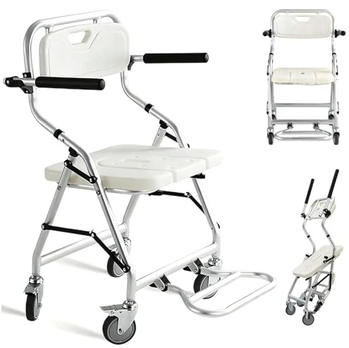Chaise de Douche Pliable à roulettes, Tabouret de Douche Personne Âgée, Chaise Roulante Douche avec Accoudoirs et Repose-Pieds Pliables pour Handicapées et Femmes Enceintes, Charge: 120kg