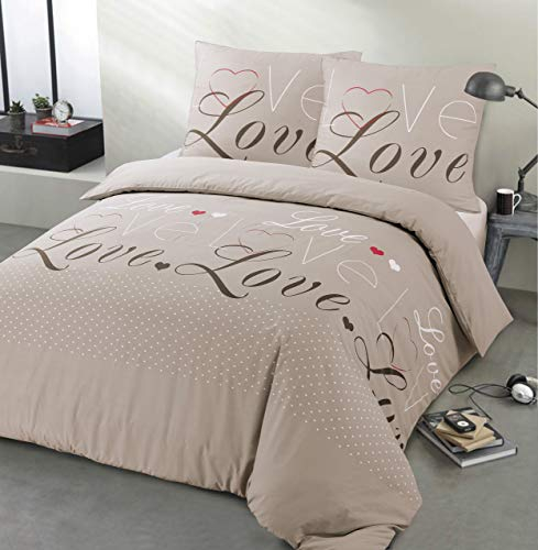 Vision - Parure de lit Flanelle - Love Beige - Housse de Couette 240 x 220cm avec 2 taies Assorties 65x65cm pour lit 2 Personnes - Flanelle: Doux et Chaude - Fibres Naturelles - Oekotex
