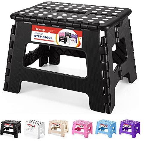 ACSTEP Vikbar stegpall – 28 cm bred och 23 cm hög rymmer upp till 136 kg plast vikbar stegpall för badrum, trädgård, kök (svart)