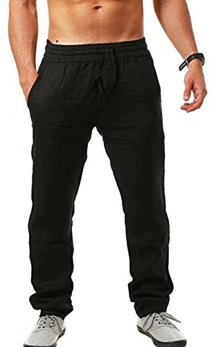 Sprifloral Men's Linen Casual Pants Drawstring Lightweight Summer Beach Trouser Black M