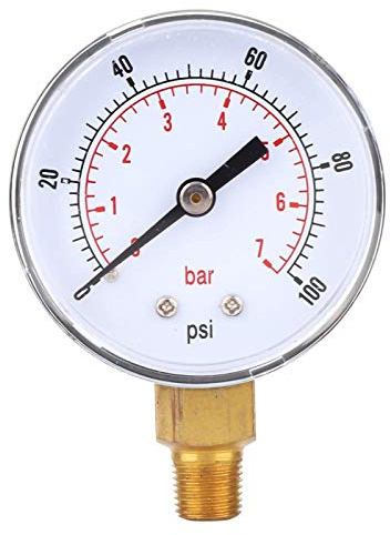Manometer, Reifendruckmesser, 50 mm Zifferblatt 1/8 BSPT Bodenanschluss für Luft Wasser Öl Gas(0-100 psi)