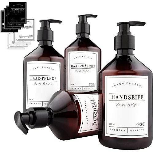 MONOKO 4er Set Seifenspender Plastik Braun 500ml Flasche- Kunststoff Shampoo Spender zum Befüllen - Pumpflasche inkl. Etiketten