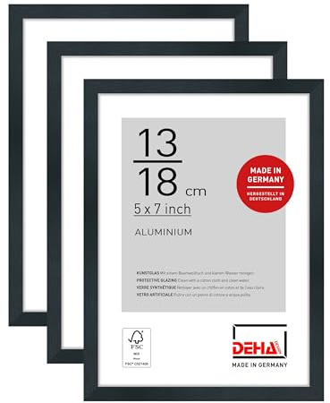 DEHA Design Aluminium Bilderrahmen Tribeca, 13 x 18 cm 2er Set, Schwarz | Aluminium Fotorahmen im Hoch- & Querformat zum Auftstellen Schwarz gebürstet bruchsicheres Kunstglas