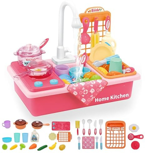 Play Kitchen Sink Toys with Upgraded Real Faucet, Play Cooking Stove, Cookware Pot and Pan,Play Food, Dishes Accessories Pretend Play Wash-up Sets with Running Water for Boys Girls Toddlers(Pink)