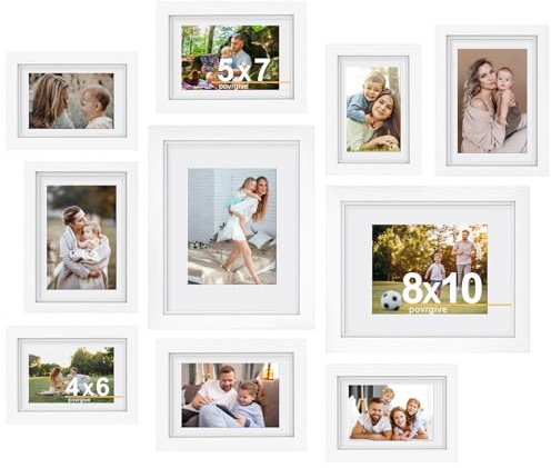 Povrgive Bilderrahmen 10er Set in verschiedenen Größen – Holz Fotorahmen für Collage Wanddeko mit Echtglas (20x25, 13x18, 10x15 cm) (Weiß)