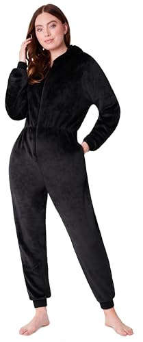CityComfort onesies, För kvinnor, mjuk och bekväm pyjamas i fluffig fleece, overall, nattkläder, vardagskläder, myskläder, storlekar S–XL, Svart, XL