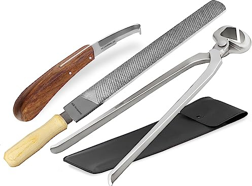 Hufschmied Werkzeug Set 3-teilig Hufmesser Hufzange Hufraspel doppelseitig | Huf Trimm Werkzeug Satz Hufpflege Pferdehufpflege Spezialstahl Rostfrei für Pferde & Rinder