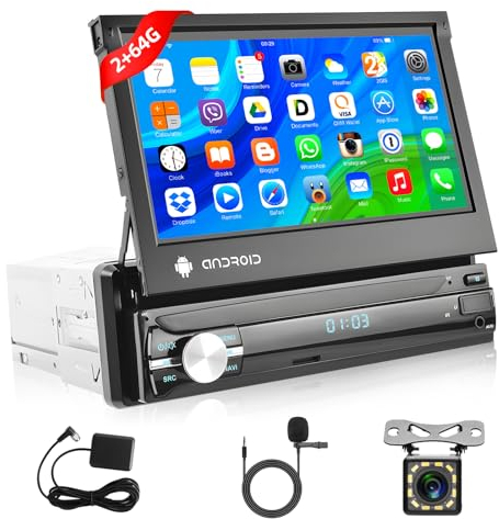 Podofo 1 Din Autoradio mit A-pple Carplay Android Auto 2G+64G Stereo Radio, 7 Zoll HD Touchscreen Einziehbar Android 15 Einzel Din Autoradio mit GPS/WLAN/FM/EQ/DSP/AUX/RCA+Rückfahrkamera und Mikrofon