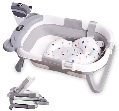 ZENTAURUS - BAÑERA PLEGABLE BEBE - TERMOMETRO Y PILAS INCLUIDO - ASIENTO BAÑO BEBE INCLUIDO - ANTIDESLIZANTE - COJIN BAÑERA BEBE - AHORRA ESPACIO - SOPORTE BAÑERA BEBE DE 0 A 36 MESES