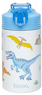 bzyoo Edelstahl Kinder Trinkflasche HappyPal 15.5oz - Weiße Flasche mit blauem Griff Dinosaurier-Muster, Trinkhalmdeckel und Abdeckung, Sicherer Verschluss, Kinderflasche Ideal für Unterwegs