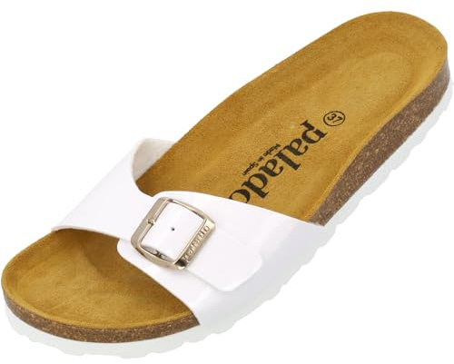 Palado Pantoletten Damen Malta Lack – gefertigt in Spanien – Glänzendes Obermaterial – EVA-Sohle – Veloursleder-Decksohle – Weichfußbett Weiß UK7 - EU40
