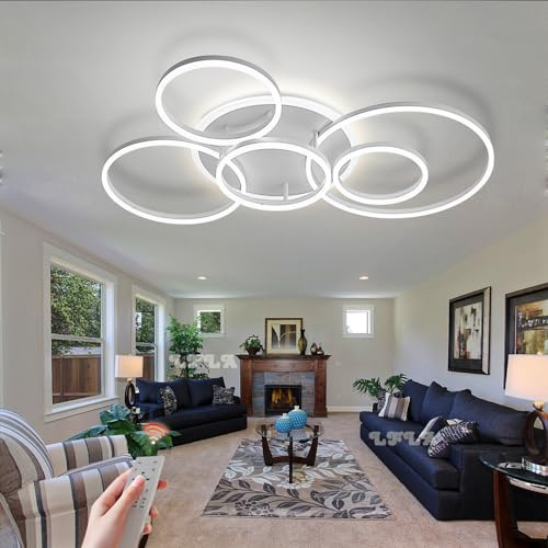 LFLA Dimmbar LED Deckenleuchte Moderne Wohnzimmerlampe Kreativität Acryl Ring Design Schlafzimmer Lampe Deckenlampe mit Fernbedienung Energiesparlampe Esszimmer Beleuchtung Weiß, 6-Ring,118W,120cm