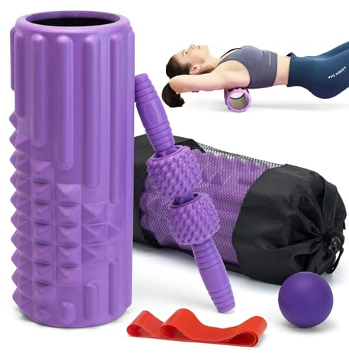 Zmarthumb 5 in 1 Foam Roller Set, High Density Fitness Exercise Foam Roller for Deep Tissue Muscle Massage, Massage Roller, Massage Ball, Resistance Band, for Whole Body(Purple)