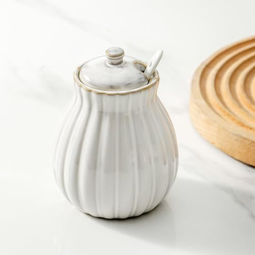 Seyatoo Sugar Bowl with Lid and Spoon, Ceramic Sugar Container for Coffee Bar, Sugar Jar Holder Sugar Dispenser Bowl for Sea Salt, Spice and Sugar, Glazed White