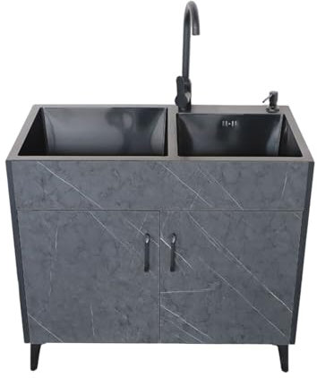 Lavandino cucina con mobile,Lavello acciaio inossidabile a doppia vasca,lavello Commerciale per Ristorante con Rubinetto, Lavandino Cucina in Acciaio Inox con Scolapiatti, per Garage, Ristorante