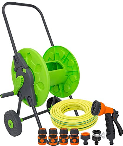 Carrello avvolgitubo da giardino con ruote, resistente, portatile, con 2 ruote, per giardino, giardino, giardino, piantagione, camion (con tubo da 30 m)