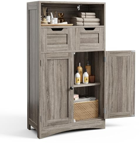 Bealife Armadietto da Bagno, Mobile Sottolavabo per Bagno, con 2 Ante, 5 Scomparti e Ripiano Regolabile in Altezza in 3 Livelli, Chiusura Magnetica, Molto Spazio, 108 x 30 x 60 cm (Grigio)