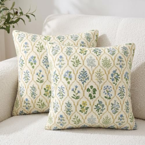 DILOXNSU Cushion Covers 45 x 45 cm Vintage Botanical Floral Grid Print Set of 2 Double Sided Pillow Covers 18x18 Inch Decorative Boho Cushions Cases Linen Decorations Garden Patio Furniture Sofa Decor