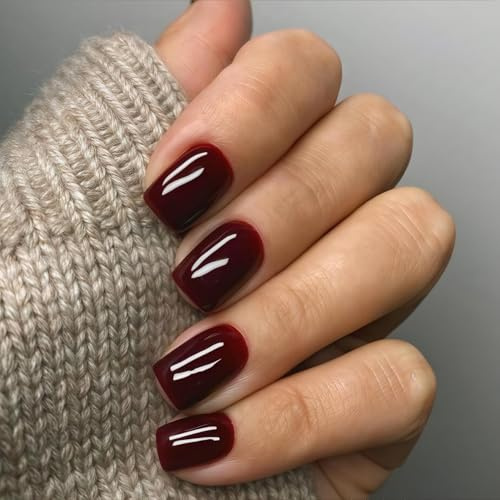 24 Stück Press on Nails Rot - Weinrot Einfarbig Falsche Nägel - Quadratische Künstliche Fingernägel Kurz - Full Cover Glänzend Acryl Kunstnägel Zum Aufkleben Für Frauen & Mädchen (Dark Red)