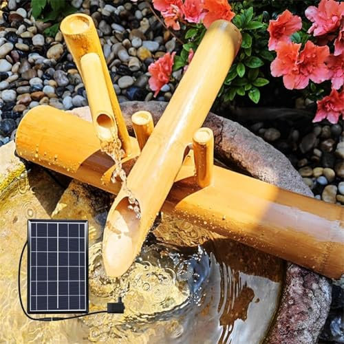 Fontana a cascata in bambù ad energia solare, fontana in bambù giapponese, ugello a cascata da giardino, 100% fatto a mano