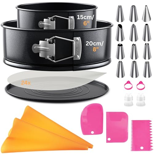 Round Baking Tins for Cakes | 47Pcs Cake Baking Tins Set for Home Bakers with Reusable Piping Bags and Nozzles, Scrapers, Parchments – 6 & 8 Non-Stick Deep Loose Bottom – for Cheesecakes, Birthday