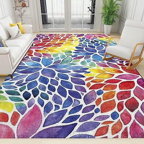 Tapis géométrique abstrait coloré, motif floral dahlia, lavable, doux, à poils longs, rétro, bohème, facile d'entretien, tapis confortable pour salle à manger et bureau - 180 x 240 cm