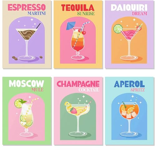 6 Pack Cocktails Canvas Wall Art Posters Dorm Wall Decor Bar Cart Accessories Unframed Prints Cocktail Pictures for Wedding Gallery Apartment Bedroom Living Room Porch Home Decor, 20x30CM/8x12 in