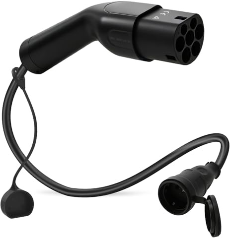 JULIK Adaptador Tipo 2 a Schuko con Botón de Desbloqueo, 16A 3.7kW para Estación de Carga a Enchufe Schuko, Compatible con Coche Eléctrico, Moto y Patinete (IEC 62196)