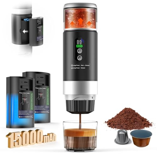 Macchina da Caffè Espresso Portatile, Caffettiera Elettrica da Viaggio con 2x7500mAh Batteria Rimovibile, per Auto e Campeggio, 20Bar Macchina per Caffè 3 in 1 Compatibile con Caffè Macinato e Capsula