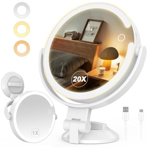 SURFOU Espejo de Maquillaje Luminoso con Ventosa Potente, 1/20X Espejos de Aumento Luminoso, Espejo de Aumento de luz Ajustable en Intensidad, con una Altura Ajustable