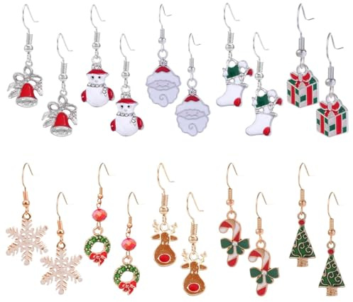 ZXTGBQ Lot de 10 Paires Bijoux Boucles d'oreilles pour Femmes Filles, Cadeaux de Noël Élégants Ensemble de Bijoux Festifs, Thème de Noël Ensemble Wreath Bonhomme Elk Boucles D'oreille