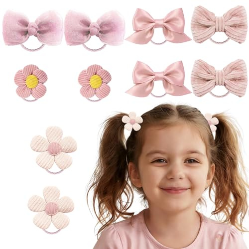10-Pack Flickor Hårsnoddar, Elastiska Rosa Band med Rosett och Blomma, Hårtillbehör för Baby och Småtjejer