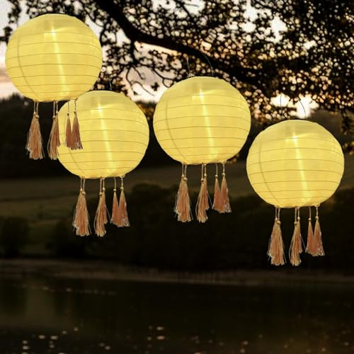 Lot de 4 Lanternes Solaires 20 cm Résistantes aux Intempéries et à l'eau, Lanternes Suspendues en Nylon avec 4 pompons, LED étanches, idéales pour le Jardin, la Cour, la Terrasse, les Mariages