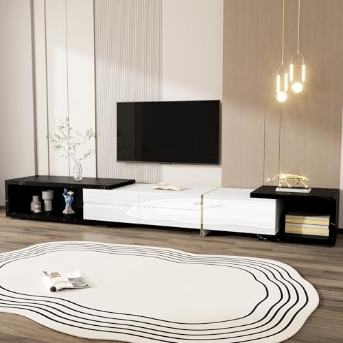 QXJVA Meuble TV bas, 140 à 260 cm, extensible, rotatif, blanc brillant, noir, aspect marbre, meuble TV, pour téléviseur jusqu'à 85 pouces, longueur variable, buffet de salon