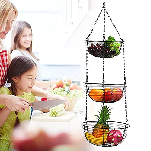 PBTERDTF Obstkorb Hängend 3 Stöckig Obst Hängekorb mit Deckenhaken Küche Metall Hängekorb Obstschale Gemüsekorb für Obst, Snack und Gemüse Aufbewahrung 84 x 29 cm