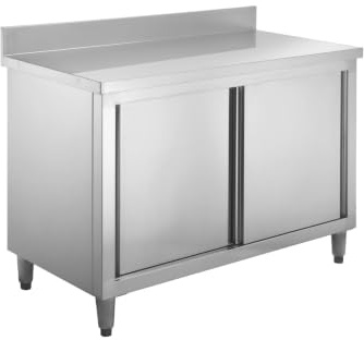 GastroHero Arbeitsschrank 140x60 cm, Edelstahl ASSB146A | Aufkantung, Schiebetüren, Zwischenboden, hochwertig & robust, Profi Küchenmöbel für Gastronomie & Großküche