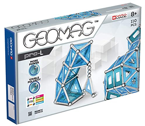 Geomag - PRO-L -110 Teile - Magnetisches Konstruktionsspiel für Kinder ab 8 Jahren - Bausteine mit 36 Silberstäben, 30 Kugeln, 44 blauen Feldern - Kraftvolle Magnete - STEM- Swiss Made
