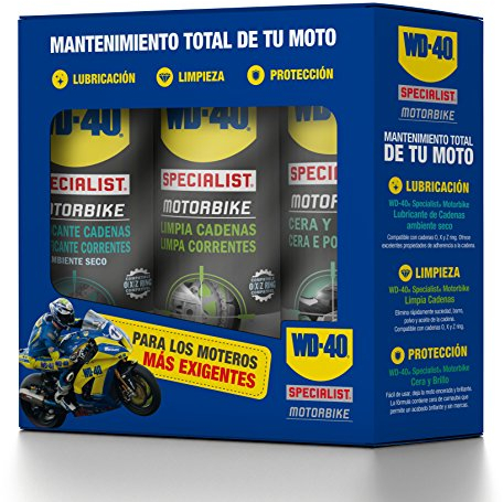 WD-40 Tripack WD-40 Specialist Motorbike Pack mantenimiento total de Moto, Lubricante Cadenas + Limpia Cadenas + Cera y Brillo, Óptimo para ambientes Secos, Multicolor, Caja de 3
