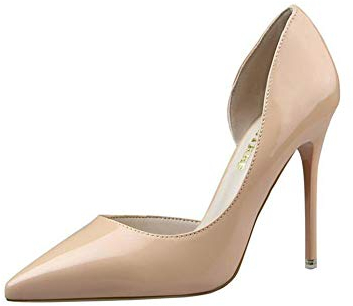 Elegant Damen High Heel Spitz Geschlossene Zehe Bequeme Lack Stilettos Party Büroarbeit Schuhe Pumps Abendschuhe NakedColor EU 38