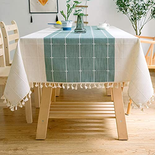 JaeMoose Feste rechteckige Tischdecke aus Baumwolle und Leinen mit Karomuster und Quasten,für Küche,Esszimmer,Tischdekoration (140 x 220 cm, Grün/Weiß).
