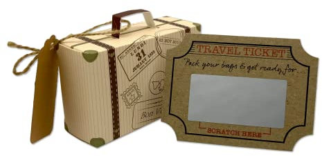 Surprise Mini Suitcase Scratch and Reveal Holiday Travel Ticket Greetings Card Gift bundle (DIY). Perfect for Valentine, birthday, family trip away!