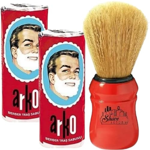 The Shave Factory Arko Lot de 2 bâtons de savon à raser et blaireau à raser en poils de sanglier naturels Rouge