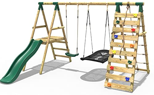 Rebo® Wooden Swing Set with Deck and Slide plus Up and Over Climbing Wall - Quartz Green | Children Climbing Frame | OutdoorToys | Kids Garden Furniture | Soft Feel Ropes, Sturdy Construction