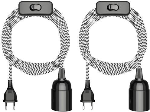 ledscom.de 2 Stück Textilkabel LEHA, Stecker, Schalter, schwarz, weiß, gezackt, 3 m, Lampen-Fassung, 1x E27 max. 60W