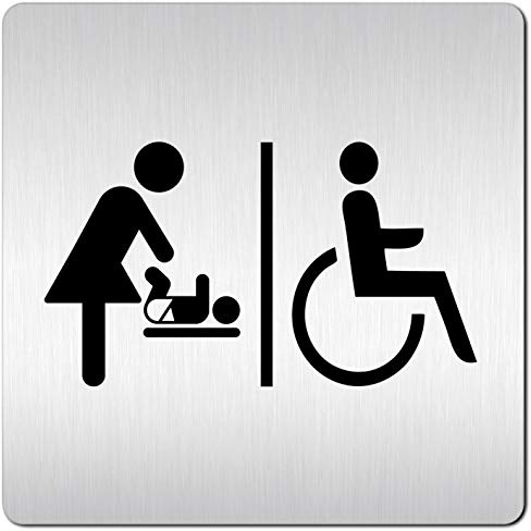 Türschilder24 • Schild Behinderten Toilette mit Rollstuhl und Wickelraum | Aluminium Toilettenschild, Variante (B), Türschild 125 x 125 x 1,5 mm, selbstklebend, kratzfester Druck, 100% Made in Germany